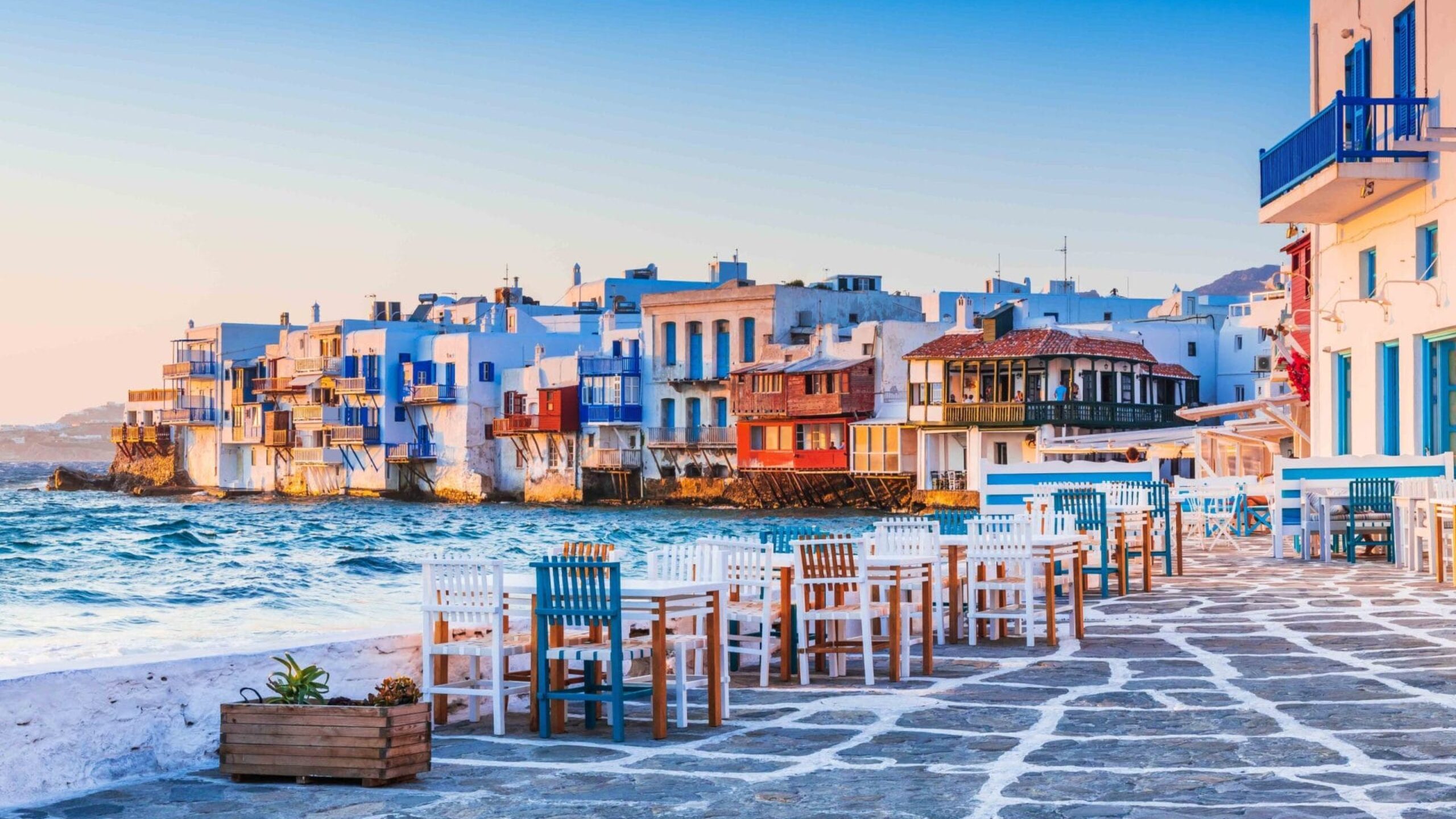 Mykonos,,Greece.,Waterfront,In,Little,Venice,,Mykonos,At,Sunset. Mykonos, Greece. Waterfront in Little Venice, Mykonos at sunset.